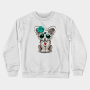 Teal Blue Day of the Dead Sugar Skull White Lion Cub Crewneck Sweatshirt